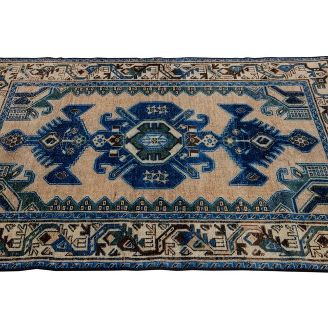 1960s Vintage Distressed Beige Geometric Wool Rug For Sale - Image 5 of 7