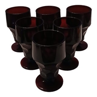 Mid 20th Century Anchor Hocking Royal Ruby Pedestal Base Georgian Footed Tumblers- Set of 6 For Sale