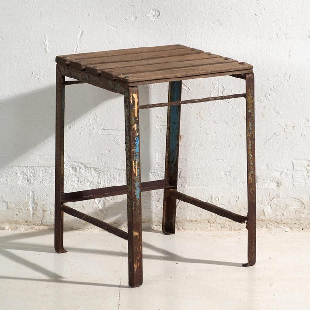 Antique Industrial Stool in Pine Wood and Iron, Central Europe, 1950 For Sale - Image 8 of 8
