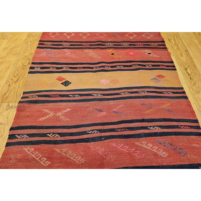 Turkish Vintage Turkish Kilim Runner, Handwoven Wool, Stripe Pattern, Brick Red, 3x13 For Sale - Image 3 of 9