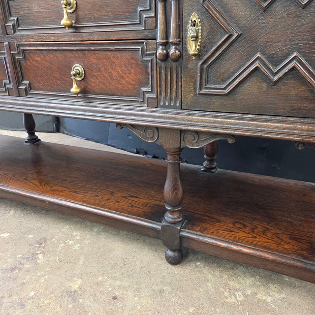 Antique English Carved Oak Sideboard With Intricate Geometric Carvings and Brass Hardware For Sale - Image 11 of 18