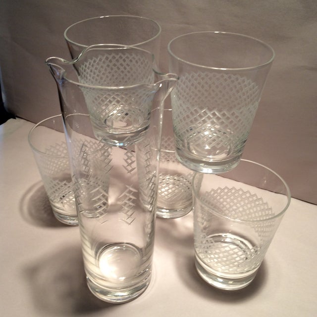 Vintage Lattice Design Cut Crystal Low Ball Glasses & Pitcher Set Set