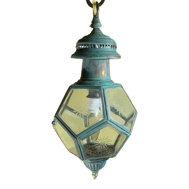 Antique English Solid Brass & Glass Starburst Hanging Lantern - Pendant For Sale