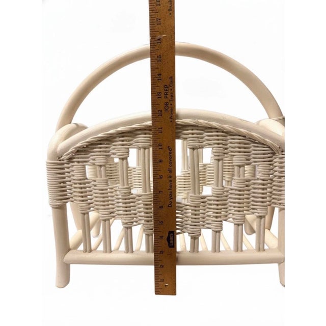 1970s Vintage Boho Whitewashed Rattan & Wicker Magazine Rack With Arched Handle For Sale - Image 5 of 5
