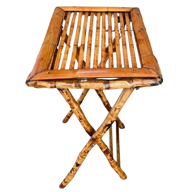 1970s Vintage Burned Bamboo Bistro Set With Folding Chairs - Set of 3 For Sale - Image 9 of 12