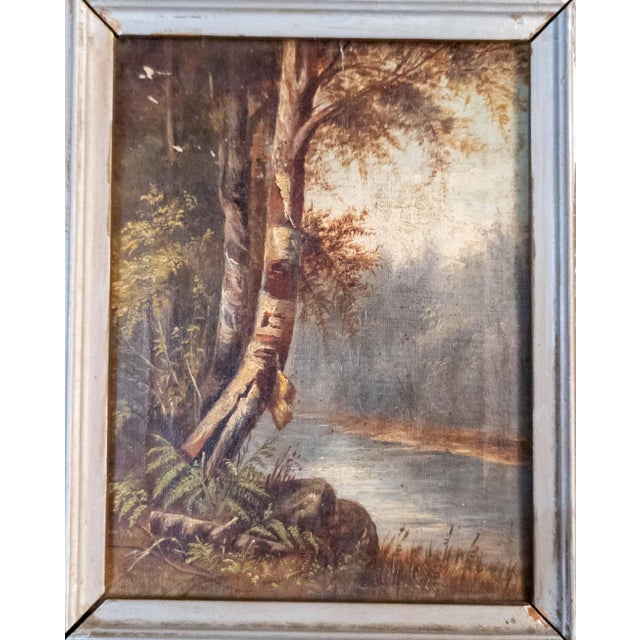 We are selling this interesting small oil on canvas Hudson River School painting. This painting features a simple forest...