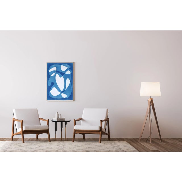 2024 / Abstract Mid-Century Floating Shapes in White and Blue, Handmade Cyanotype on Watercolor Paper For Sale - Image 4 of 7