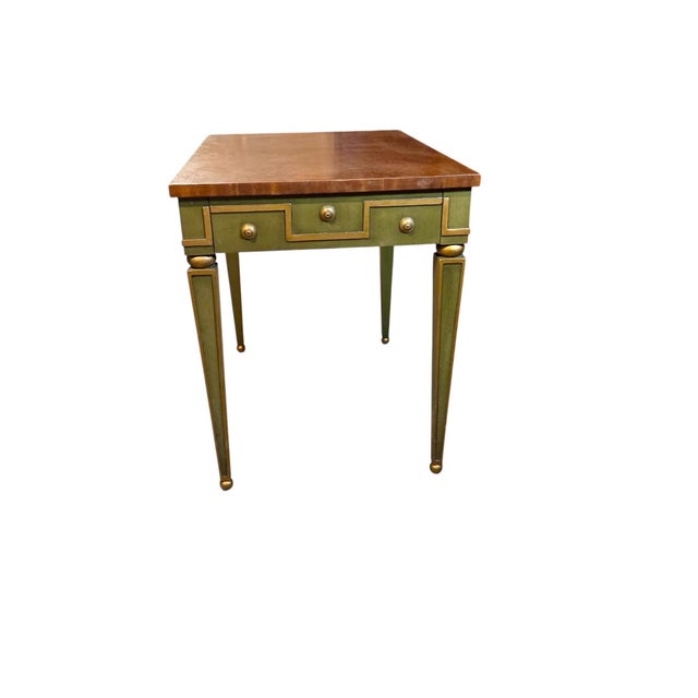 Great looking Heritage mcm side table. It's painted green with a wood top and green tapered legs with gold accents. It has...