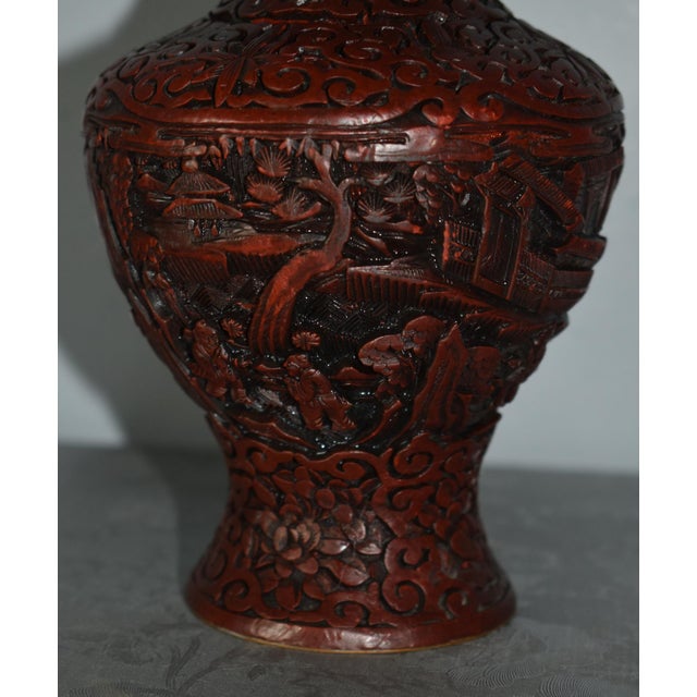 Chinese Antique Carved Chinese Figural Cinnabar Vase For Sale - Image 3 of 12