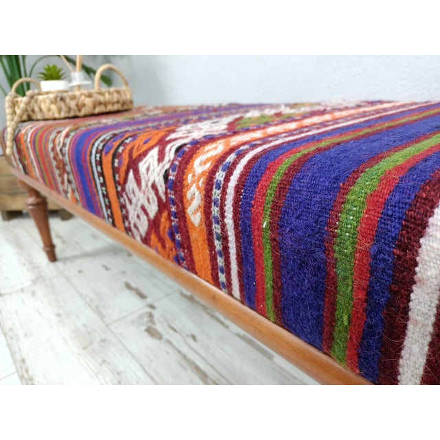 Brick Red Handmade Turkish Kilim Upholstered Dining Bench For Sale - Image 8 of 9