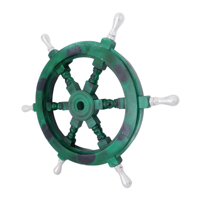 Late 19th Century Vintage Nautical Handcrafted Green Wooden Ship Wheel With Aluminium Hub & Handle For Sale - Image 5 of 6
