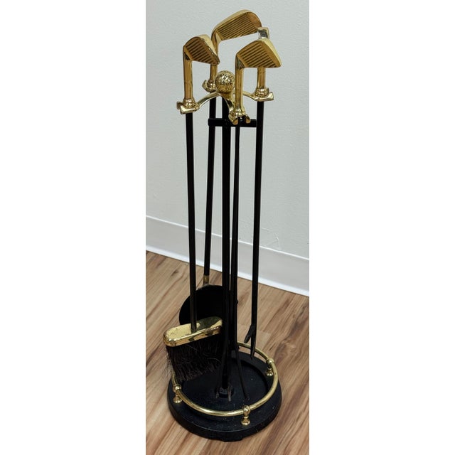 Figurative Vintage Brass and Cast Iron Golf Club Fireplace Tools on Stand For Sale - Image 3 of 12