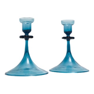 Mid Century Blue Glass Orrefors Swedish Candlestick Pair For Sale
