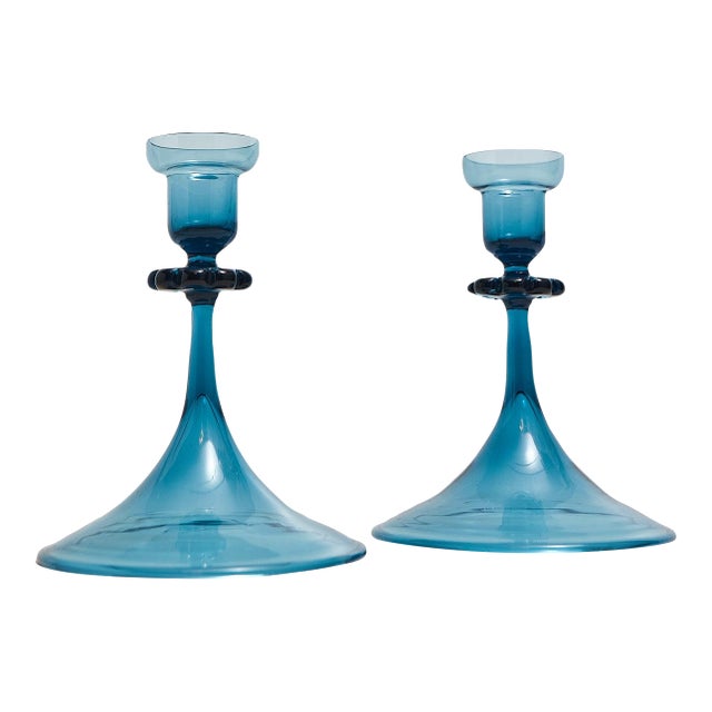Orrefors Swedish Blue Candlestick Pair For Sale