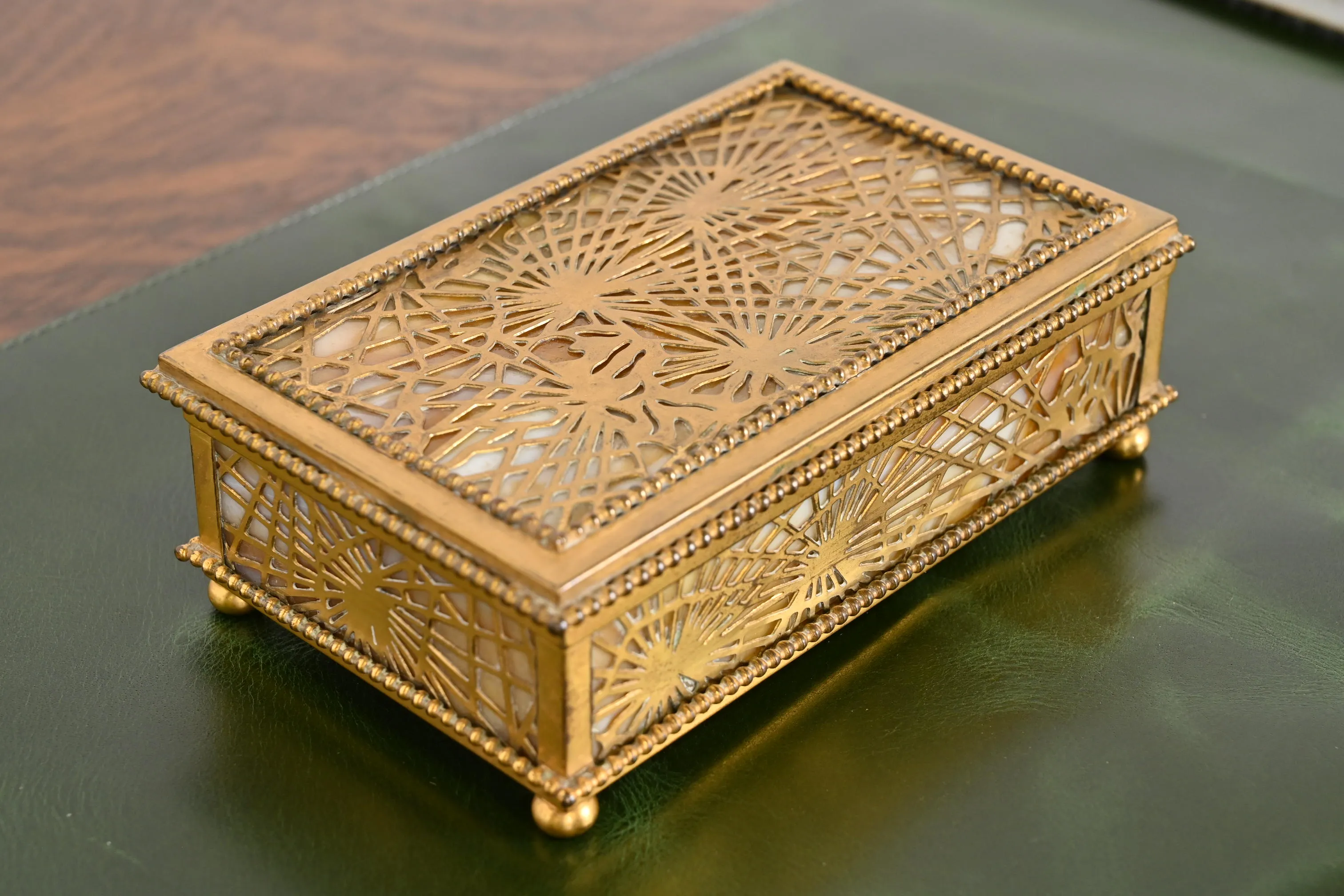 Tiffany Studios New York Pine Needle Bronze Doré and Slag Glass