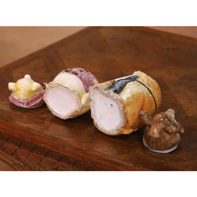 19th Century French Figural Barbotine Faience Pig Tobacco Jars, Set of 2 For Sale - Image 9 of 10