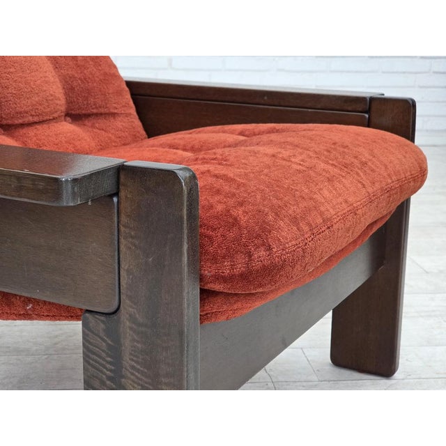Danish Armchair in Orange-Red Velour and Dark Oak Wood, 1970s For Sale - Image 15 of 17