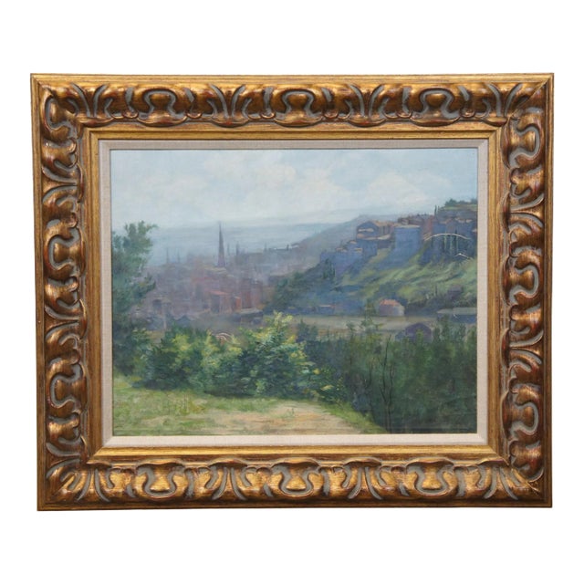 Mid 20th Century Vintage European Country Landscape Cityscape Oil Painting on Canvas, Framed For Sale