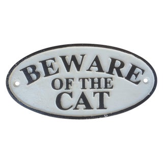 White & Black Cast Iron 'Beware of Cat' Sign For Sale