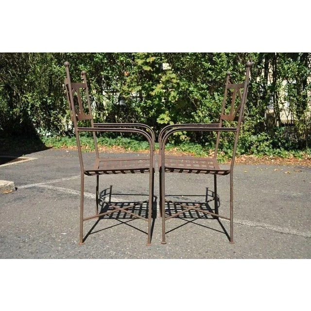 Antique Neoclassical Regency Style Iron X Form Stretcher Garden Arm Chairs - a Pair For Sale - Image 4 of 12
