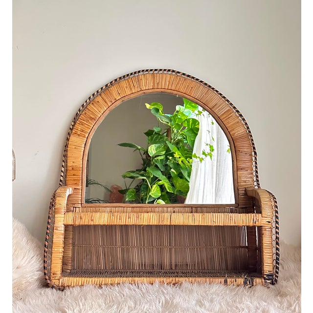 Wood Woven Rattan and Wicker Shelf Mirror in the style of Emmanuelle, Spain, 1970s For Sale - Image 7 of 7