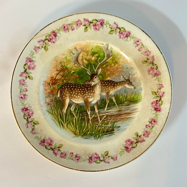 Shabby Chic Antique Early 20th Century Porcelain Transferware With Pink Roses & Deer Plate For Sale - Image 3 of 12
