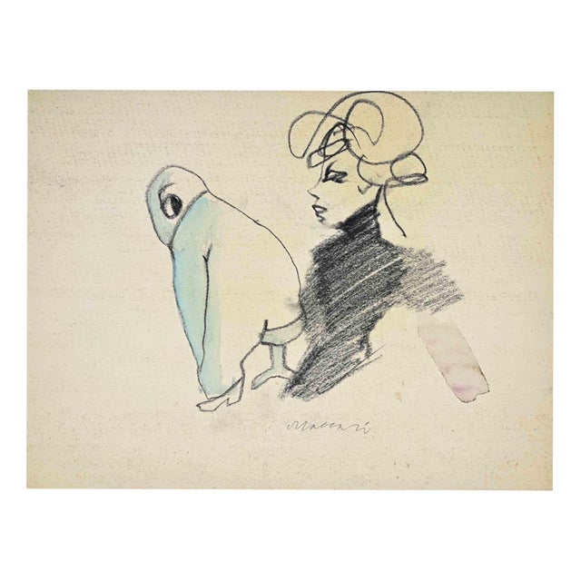 Mino Maccari, Envy, Mid-20th Century, Charcoal and Watercolor on Paper For Sale