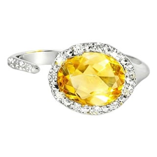 Late 20th Century 18K White Gold Citrine Diamond Designer Ring Band, Size 6.5 For Sale