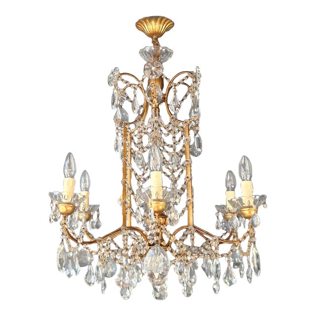 Gilded Iron and Crystal Chandelier Italian Louis XVI Style Antique Neoclassical For Sale