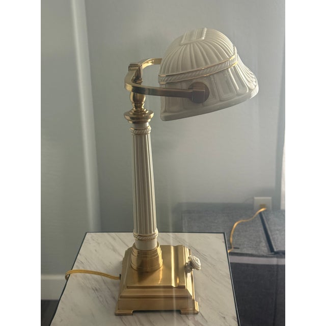 Late 20th Century Quoizel for Lenox Mid-Century Modern Bone China and Brass Bankers Desk Lamp For Sale - Image 5 of 6