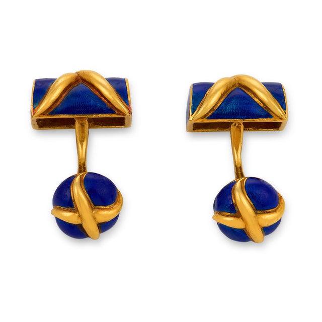 Contemporary 1980s Pair of Tiffany & Co. Schlumberger 18k Yellow Gold Enamel Cufflinks For Sale - Image 3 of 7