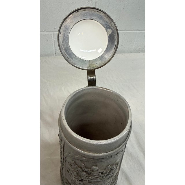 Large Antique 1800's German Pottery Porcelain Pewter Lidded Beer Stein Mug For Sale - Image 12 of 13