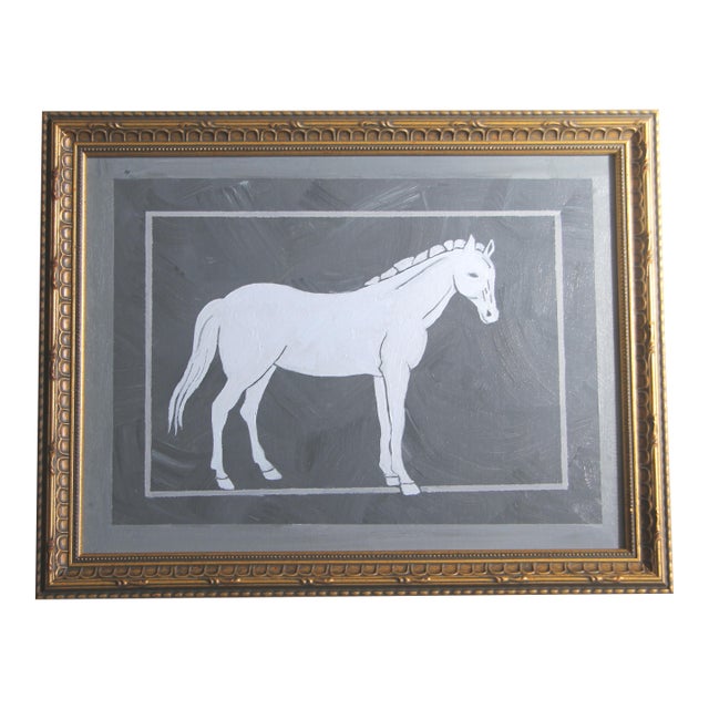 Horse Traditional English Minimalism Folk Art Gray White Original Oil Painting Cleo Plowden For Sale