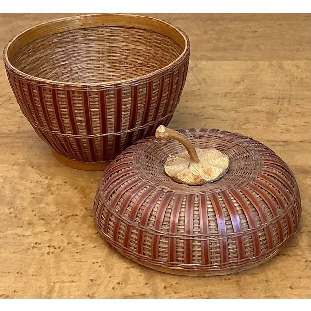 Mid-Century Modern Vintage Shanghai Weave Rattan Lidded Apple For Sale - Image 3 of 12