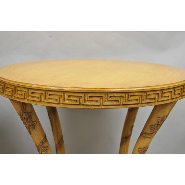 Traditional Vintage Italian Regency Round Leather Top Greek Key Carved Side Tables - A Pair For Sale - Image 3 of 15