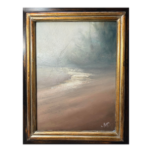 1970s Contemporary Original JMP Foggy Coastline Seascape Beach Oil Painting on Board