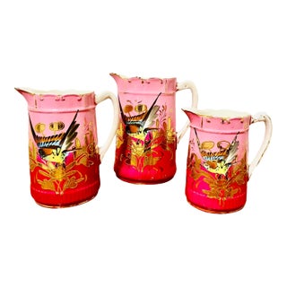 Hand Painted Gilt Bird Pitchers, Set of 3 For Sale