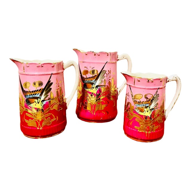 Hand Painted Gilt Bird Pitchers, Set of 3 For Sale