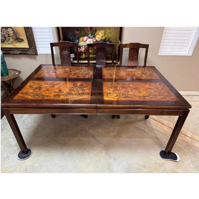 Brown Early Century Bernhardt Dining Table With 8 Chairs, Two Extension and Table Cover For Sale - Image 8 of 8