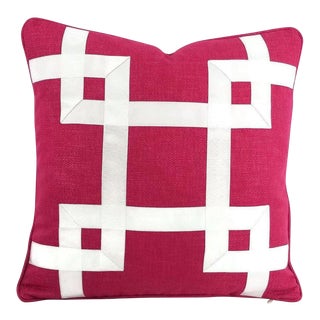 Dark Pink Basket Woven White Ribbon Embellished Pillow Cover For Sale