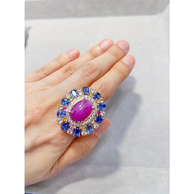 Traditional Bochic Vintage Ruby, Tanzanite & Fancy Sapphire Candy Ring Set 18K Gold & Silver For Sale - Image 3 of 18