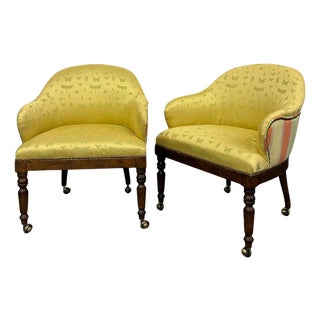Pair of Century Furniture Model 3277 “Gentleman’s” Upholstered Game Chairs With Brass Casters For Sale