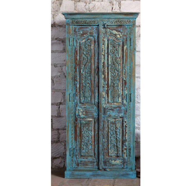 1920s Antique Hand-Carved Blue Armoire With Floral Motifs & Brass Stud Detailing 83x38 For Sale - Image 5 of 7