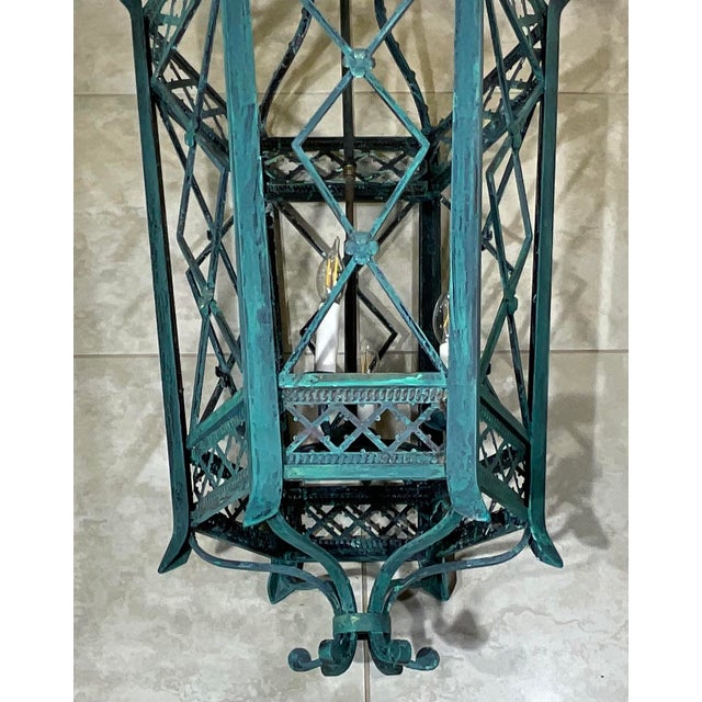 Exquisite Large Hand-Forged Iron Lantern – Verdigris Patina - 47” High X 24”Wide For Sale - Image 18 of 18