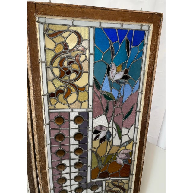 Large Pair of Victorian Stained Glass Windows in Walnut Frames For Sale - Image 4 of 12