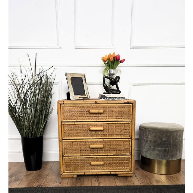 Boho Chic Italian Bamboo and Rattan Chest of Drawers, 1960s For Sale - Image 3 of 9