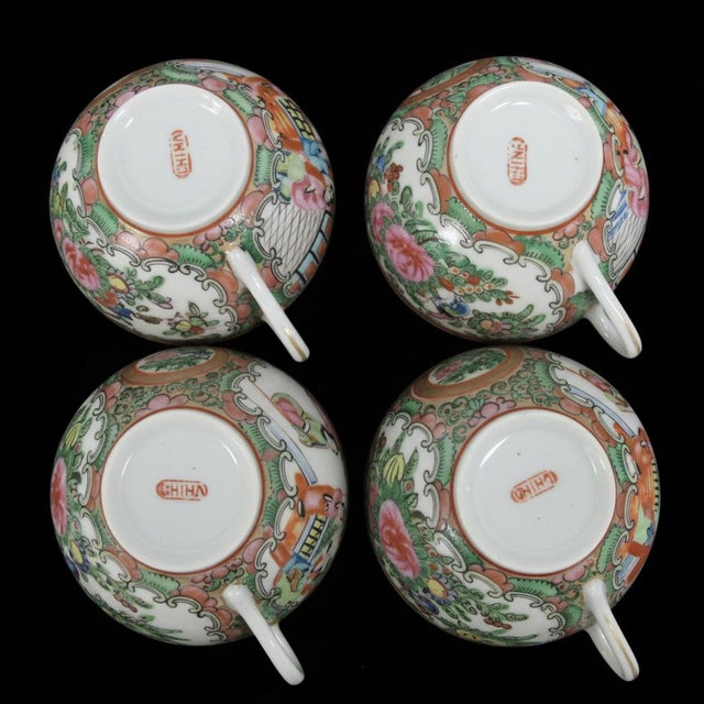 Chinese Export Famille Rose Medallion Porcelain Tea Cup & Saucer Set of 4 For Sale - Image 9 of 18