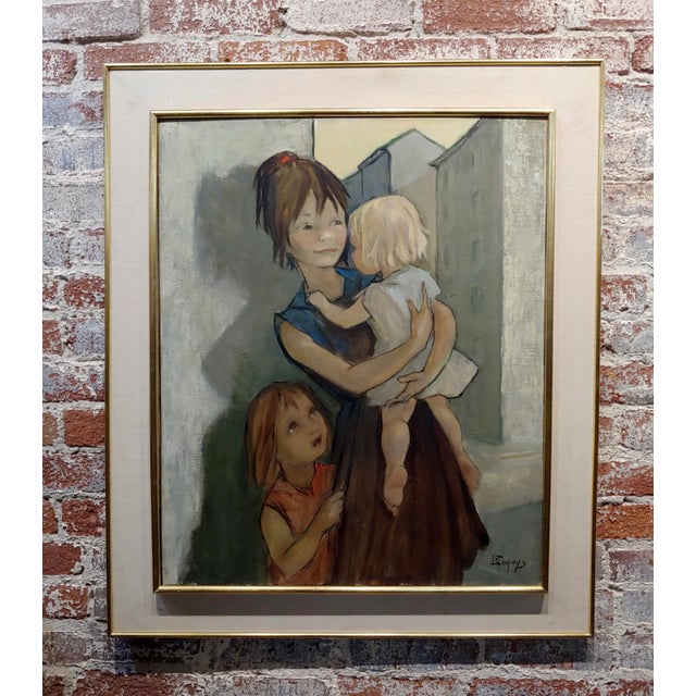 French Mother With Her Two Kids Oil Painting by Pierre Le Faguays For Sale - Image 11 of 11