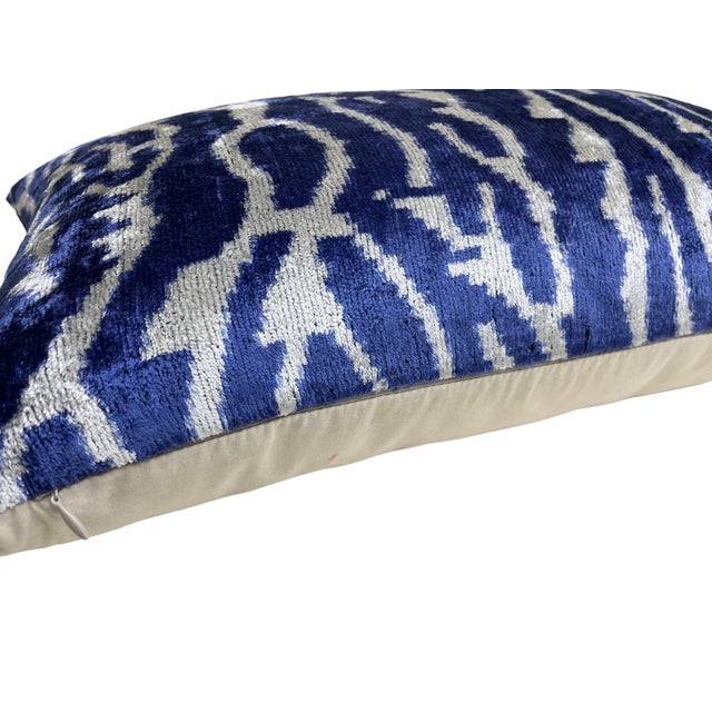 Blue Velvet Silk Lumbar Pillow Cover With Ikat Design For Sale - Image 8 of 10