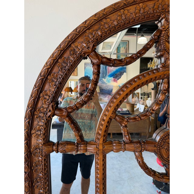2000 - 2009 Large John Richard Hand-Carved Walnut Arched Wall Mirror With Ornate Garland Motif For Sale - Image 5 of 12